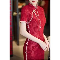2025 Summer Silk Red Jacquard Cheongsam Short-sleeved Slit Bridal Banquet Qipao Chinese Style Evening Wedding Dress for Women