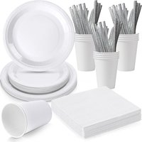 Pure White Themed Solid Color Disposable Tableware Set Paper Plates Cups Napkins Tablecloth Birthday Party Decor Supplies
