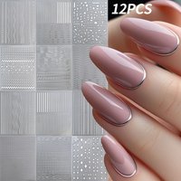12Pcs Metallic silver French Line Stripe Nail Stickers 3D Curve Lines Self Adhesive Sliders DIY French Tips Manicure Decals