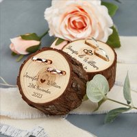Personalised Wooden Double Slot Ring Box for Wedding Ceremony Engagement Anniversary Gift Rustic Engraved Ring Bearer Holder Box