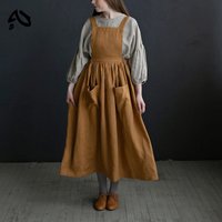 Original Cotton Linen Chic Elegant Woman Dress Square Collar Back Cross French Style Overall Dress Holiday Beach Sundress