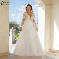 LAYOUT NICEB Plus Size Appliques Bride Dresses Long Puff Sleeves V-Neck Wedding Gowns Backless A-Line Tulle vestidos novias boda