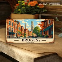 1 2D flat, for decorative purposes only, vintage metal license plate - Bruges Belgian aluminum license plate canal street view