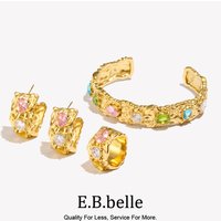 E.B.belle Cast Irregular Colorful Rhinestone Bracelet Earring Ring Jewelry Set 18k Gold Plated Stainless Steel For Women Charm