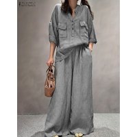 Women Pants Sets ZANZEA Fashion Summer 2 Piece Sets Plaid Outfits Casual Half Sleeve Blouse Wide Leg Trousers Street Tracksuit