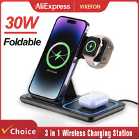 30W Wireless Charger Stand 3 in 1 Fast For iPhone 16 14 13 12 11 Apple Watch Airpods Pro iWatch 8 7 6 Foldable Charging Station