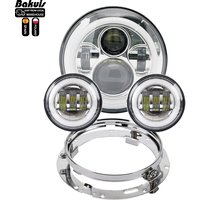 Motorcycle 7 inch Moto LED Headlight for Harley Bike with 4-1/2'4.5' LED Passing Lamps Fog Lights & 7' Bracket Mounting Ring
