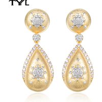 TYYL Vintage Brushed Craft Large Water Drop Earrings Women Two Tone Gold Plated Silver Flower Diamond Earring Stud Ear Jewelry