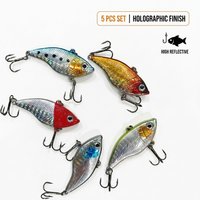 5Pcs VIB Fishing Lure Lipless Crankbait Sinking Hard Bait with 3D Eyes Treble Hooks for Bass Freshwater Saltwater