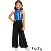 Kids Girls Jazz Dance Jumpsuit Mock Neck Sleeveless Back Invisible Zipper Ruffles Metallic Bodice Mesh Wide-Leg Bodysuit