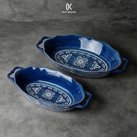 Vintage Blue Ceramic Baking Dish Bohemian Moroccan Pattern Oval Serving Platter with Handles Microwave Safe 12.5/14.5"