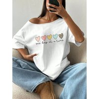 Plus Size One Day At A Time Heart Print Shirt 100% Cotton Shoulder Loose Print T-Shirt Oversized Y2K Style Graphic Tees Women