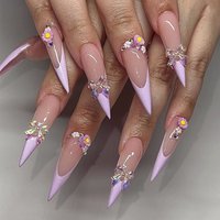 24Pcs Long Stiletto False Nails with 3D Flower Bow Rhinestone Fake Nails Press on Purple French Detachable Full Cover Nails Tips