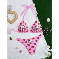 2 pcs/a set Hello Kitty Strawberry Cute Cartoon Gir Bikini Small Breast Gathers Beach Vacation Style
