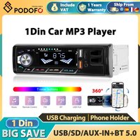 Podofo 1Din Samochodowy Odtwarzacz MP3 AUX Uniwersalny Odtwarzacz Multimedialny Radio Samochodowe FM Bluetooth Wideo Ładowanie USB Pilot FM Audio Samochodowe Kolorowe Podświetlenie Uchwyt na Telefon