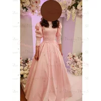 Pink Flower Girl Dress Womens Satin Evening Dress High Neck Balloon Sleeves Sister of The Bride Dress for Wedding Guest Formal