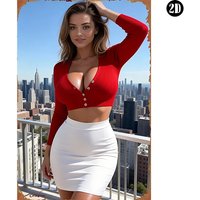 Red Top White Skirt Woman City View Retro Metal Tin Sign, Vintage Wall Art Decor