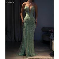Amanda Customized Green Sweetheart Neck Sequined Prom Dresses Mermaid Sleeveless vestidos de noche Floor-Length Formal Evening