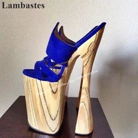 Blaue schmale Lederstreifen Plattform halbe Hausschuhe High Heel Schuhe für Frauen Slip On offene Zehen Occidental Style Frauen Hausschuhe