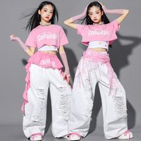 New Shuffle Pants Hip Hop Trousers Fashion Kid Fashion Clothes Street Dance Outfit Girls Jazz Kpop Stage Wear Pink Crop Tops