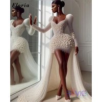 African Full Pearls Evening Dresses Elegant High Low Sweep Train Prom Dress Customized Dubai Beading Wedding Party Gowns Robes