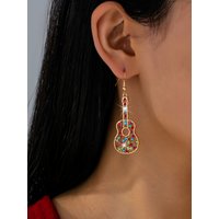1 Pair of Unique Music-Themed Hollow Guitar Earrings, Colorful Rhinestone Women's Fashion Earrings, Suitable for Music Festivals and Parties