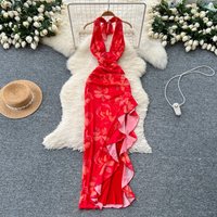 Sexy off shoulder A-line halter ruffle split slim Elegant fairycore Beach Boho Vestido Korean Summer Women Dress