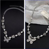 2PC Antique Silver-plated Necklace Vintage Style Butterfly Series Handmade String Faux Pearls Short Sweater Chain