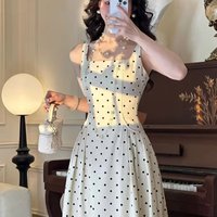 Vintage Polka Dots Midi Dress Women Party Elegant Print Straps Dresses Summer Korean Square Collar Bodycon A Line Vestidos