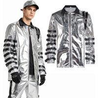 Silver Michael Jackson Cosplay Costume Jacket Metallic Shiny Functional with Removable Black Leather Straps Coat Stage Costumes