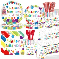 Colorful Balloons Birthday Disposable Tableware Colored Wave Dots Plates Napkins Cups Happy Kids 1st 2nd Birthday Party Supplies