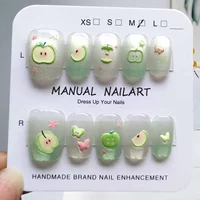 10Pcs Women Spring Cute Golden Little Apple with Cat's Eye Press on Nails Short Style Finger Princess Waterproof Fake Nails
