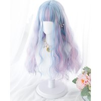 26Inch Blue Pink Purple Trichromatic Color Synthetic Wigs With Bang Long Natural Wavy Hair Wig For Women Cosplay Heat Resistant
