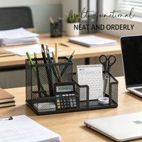 Mesh Desk Organizer Office Supplies Caddy with Pencil Holder Storage Baskets 3 Compartments Black