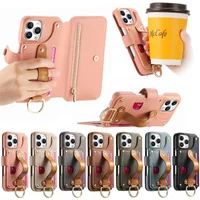 Wristband Zipper Cards Solt Wallet Leather Ring Holder Case For iPhone 17 Pro Max 16 15 Plus 14 13 12 11 Bag Pocket Lychee Cover