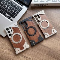 For Samsung Galaxy S26 S25 S24 S23 Ultra Walnut Wood Metal Borderless Armor Case 360° Rotating Magnetic Bracket Shockproof Cover