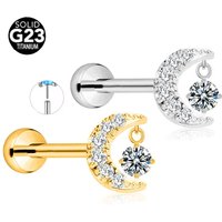 ASTM F136 G23 Titanium Moon CZ Drop Threadless Piercing Daith Conch Tragus Flat Back Earring Pin Push in Lip Stud 16G 18G 20G