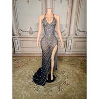 Fashion Design Crystals Transparent Dress Evening Celebrate See Through Mesh Birthday Celebrate Performance Costume
