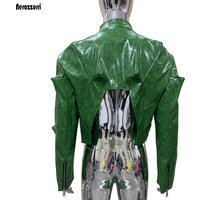 Nerazzurri Veste Courte d'Automne en Cuir PU Vert Brillant Déstructuré pour Hommes, Style Punk de Luxe, Vêtements Masculins Streetwear
