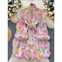 France Elegant Vintage Palace Evening Dress Women Lace Button Sashes Print Party Dress Female Casual Chic Festival Clothing New