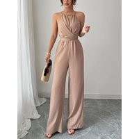 Women's Spring/Summer Casual Pleated Fabric Halterneck Beaded Waist Button and Tie Design Maxi Jumpsuit
