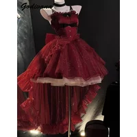 Irregular Trailing Glittering Short Party Evening Dress New Summer Female Sweet Girls Fairy Strapless Lolita Princess Red Dress