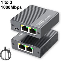 1-to-3 Gigabit Ethernet Switch Splitter 1000Mbps Gray Aluminum USB-C Power LED Compact for Laptop Desktop Home Office TV Game