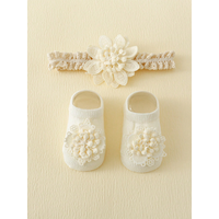 2 Pieces/Set of Toddler Embroidered Flowers Elastic Headband and Non-Slip Cotton Socks,0-12 Months Baby Girls Socks Hairband Set