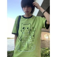 HOUZHOU Y2k Aesthetics Green Cat Juminocore Women T-Shirts Harajuku Cutecore Short Sleeve Japanese Style Tees Oversized Casual