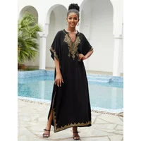 2026 New Boho Embroidery V Neck Bikini Cover-ups Summer Autumn Loose Kaftan Dress Women Plus Size Beachwear Swimsuit Cover Up