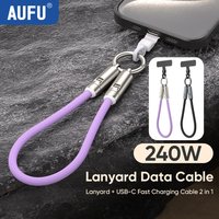 AUFU 2 in 1 240W USB Type C Lanyard Data Cable 5A PD3.1 Fast Charging For iPhone 17 16 15 Samsung iPad MacBook Anti-lost Rope