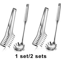 Stainless Steel Pasta Spoon with Teeth Large Spaghetti Utensil, 9.4'' Tong and 13.6'' Pasta Fork with Vacuum Handle,
