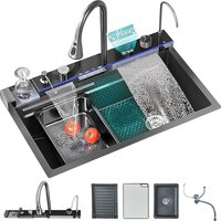 Single-Bowl Waterfall Sink with LED Display, Cup Cleaner, Soap Dispenser, Waterfall Mixer Faucet, And Countertop Controls. Workstation-Style Kitchen Sink (Gray/Brushed Golden, Dimensions: 75 X 46Cm)