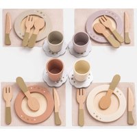 ROBUD 4 Set Wooden Play Dishes Set Safe Rounded Edges Role Play SetPerfect Birthday Gift for Kids Age 3+